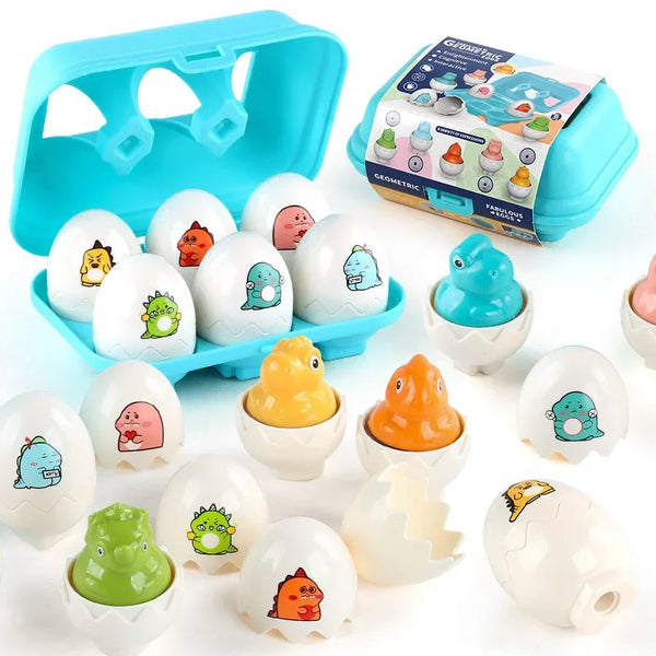 A set of colorful egg-shaped learning puzzles for toddlers, including a blue plastic mold and various colored eggs.