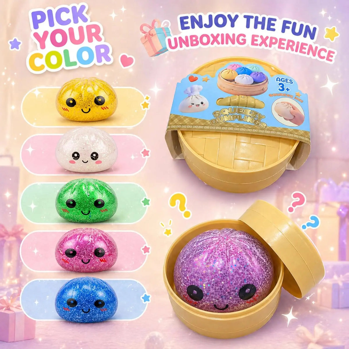Eine Auswahl bunter Glitzer-Squishy-Fidget-Spielzeuge in einem offenen gelben Behälter.