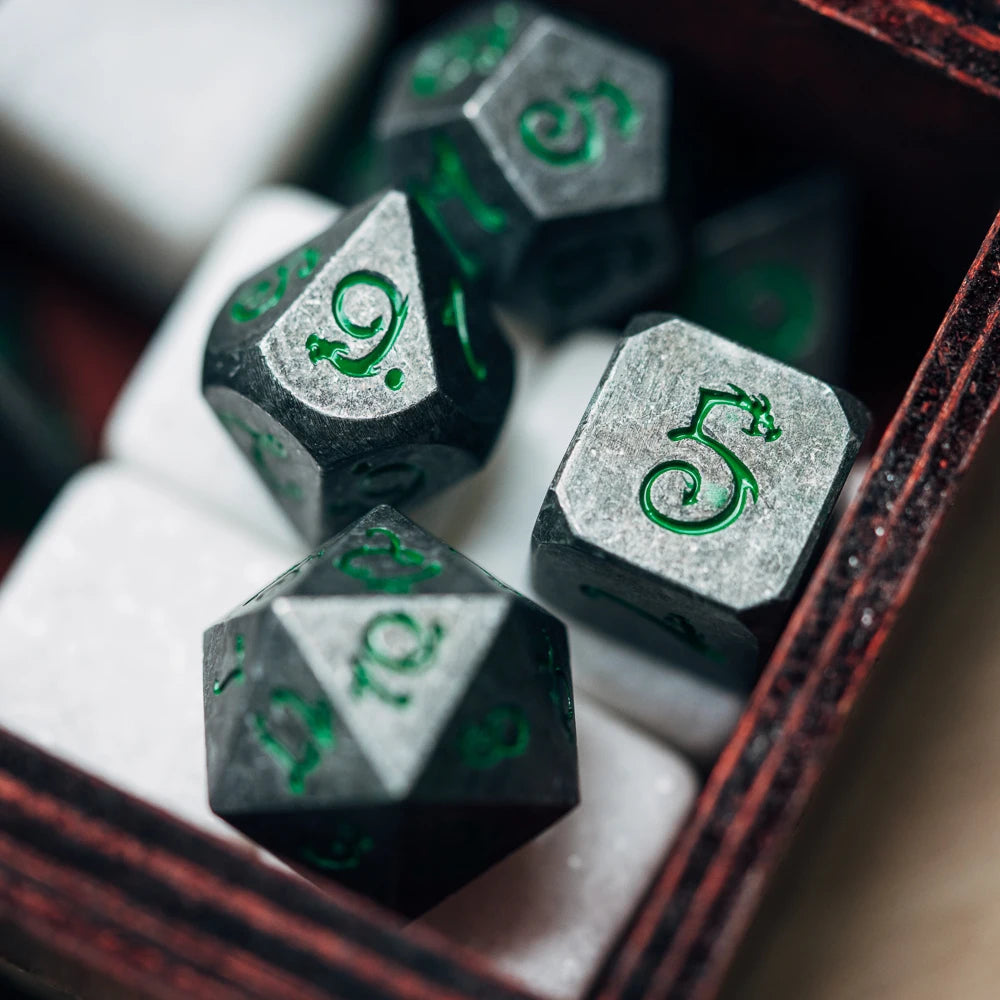 Premium Metal Polyhedral Dice Set with Dragon Font