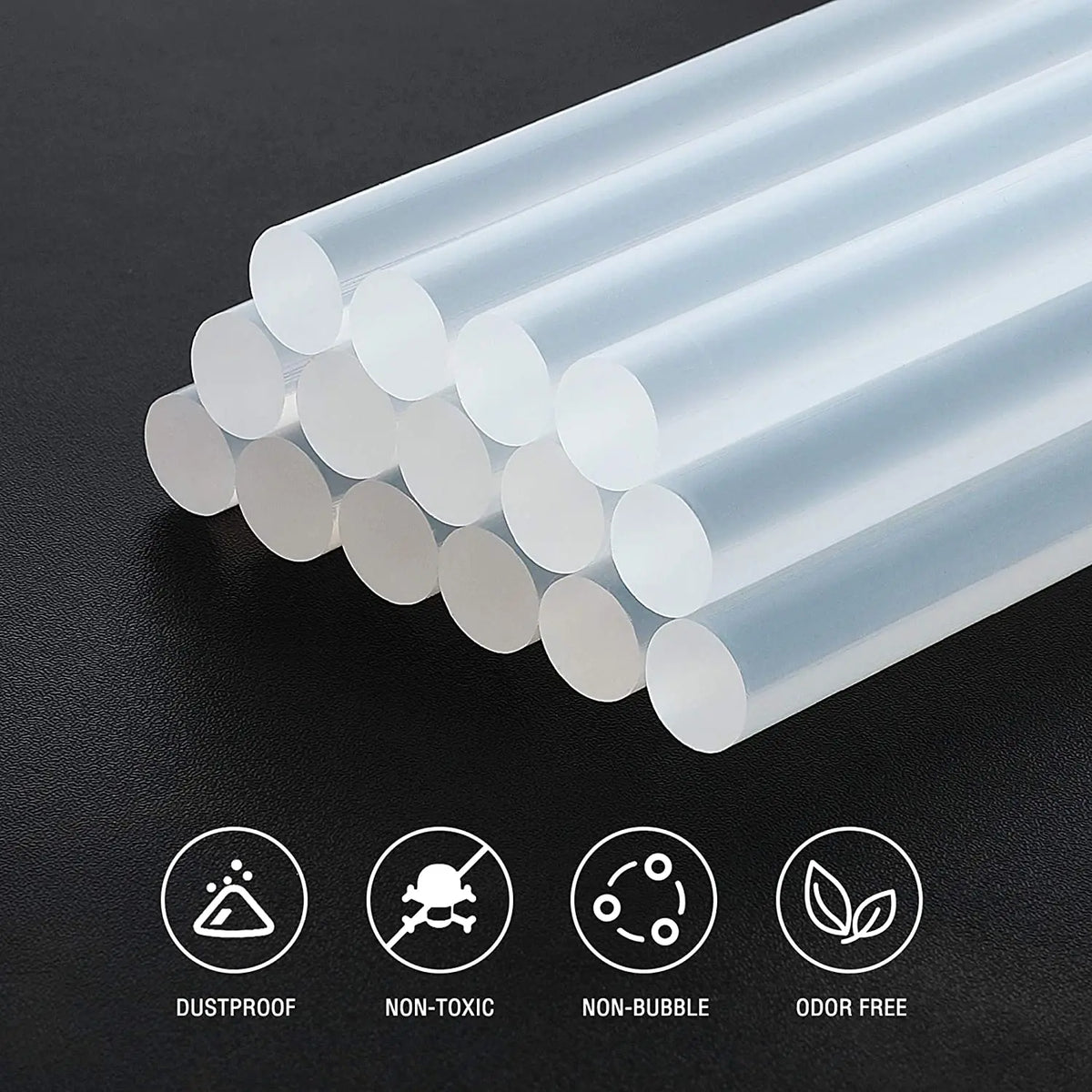 A close-up view of clear hot glue sticks arranged in a row, highlighting features like dustproof, non-toxic, non-bubble, and 