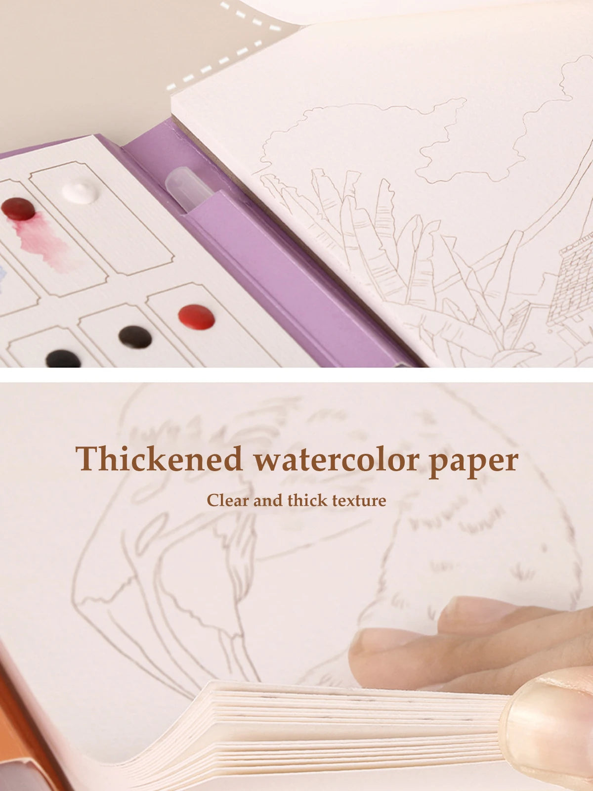 A close-up of thickened watercolor paper and a brush on a coloring book page showing line art.