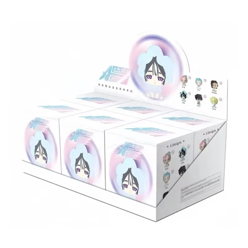 A display of blind box mini figures featuring characters in purple and blue packaging.