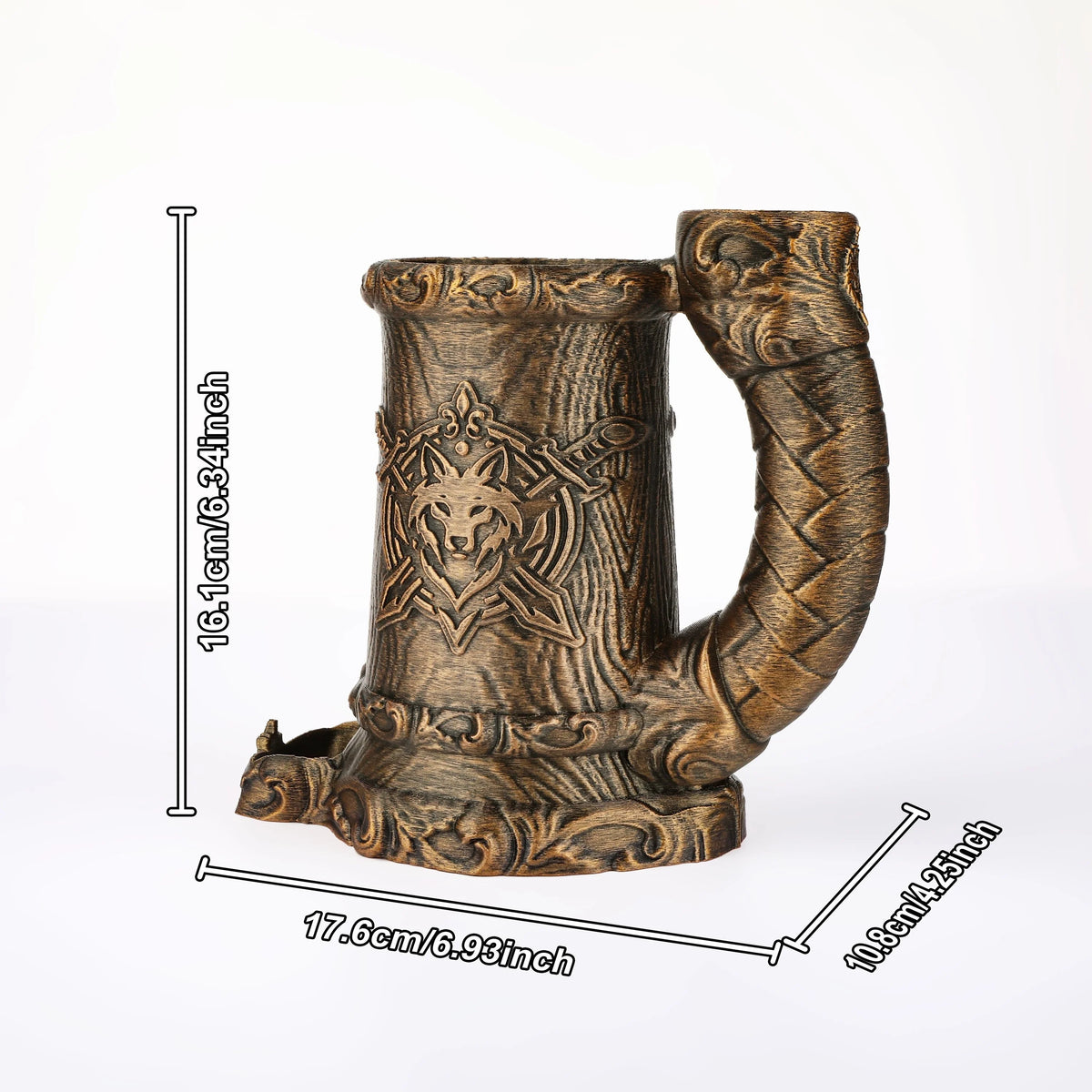 A dark wood mug shaped like a wolf head with an emblem, used as a dice tower for tabletop RPGs.