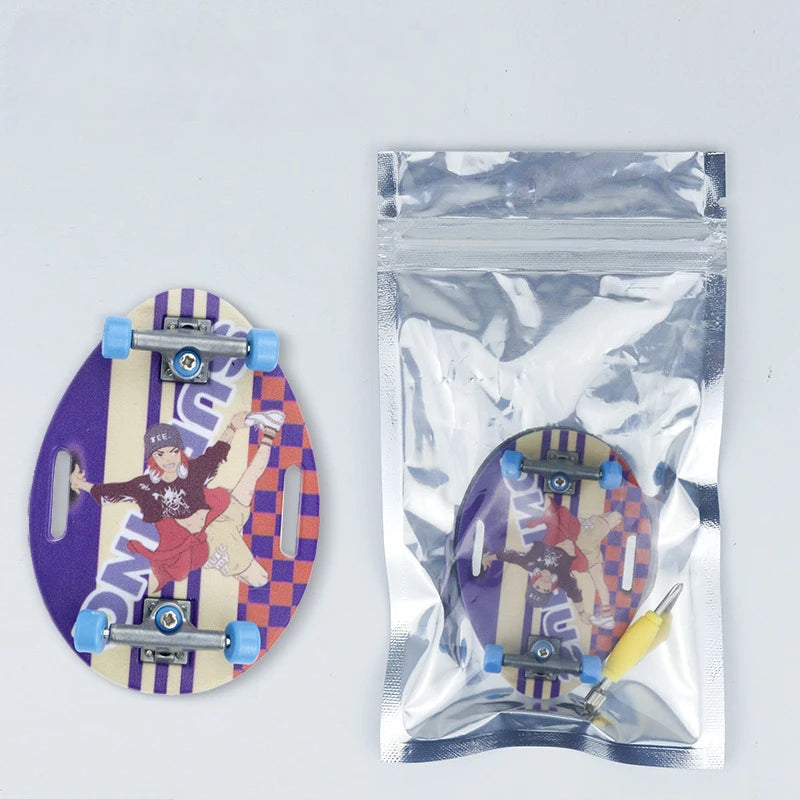 A purple finger skateboard is shown next to a clear plastic bag containing the board.