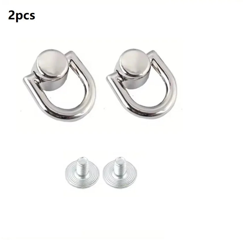 Two silver D-shaped metal bag handles with screws for DIY purse straps and craft hardware