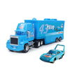 A blue diecast toy hauler truck and a blue race car are displayed together.