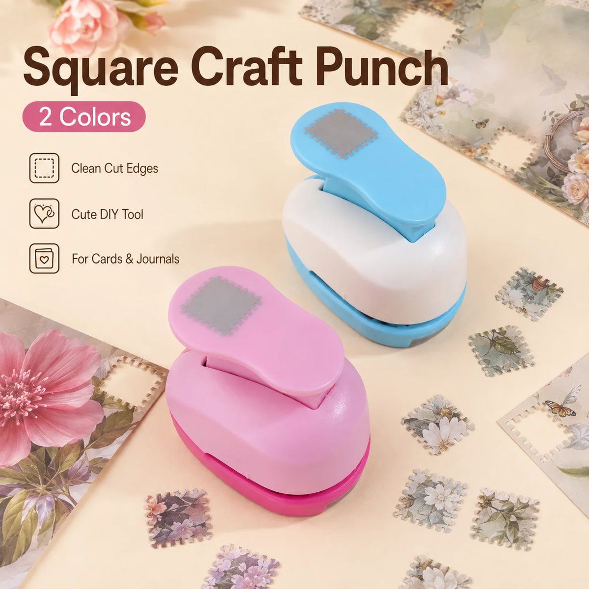 A set of two square craft punch tools in pink and blue colors displayed on a light background with floral paper.