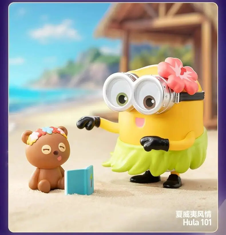A yellow Minion collectible figure wearing oversized glasses and gloves standing next to a blue box.
