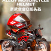 A detailed miniature collectible of an Alloy motorcycle helmet and bike in black and red colors.