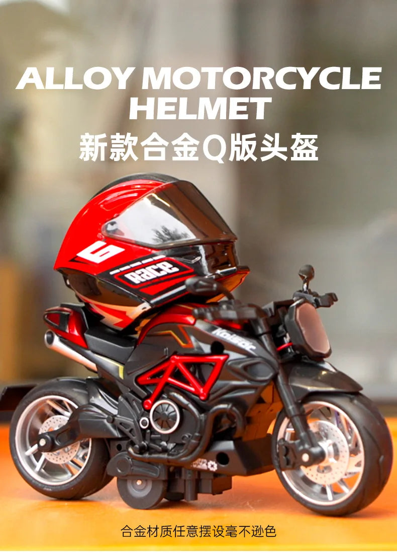 A detailed miniature collectible of an Alloy motorcycle helmet and bike in black and red colors.