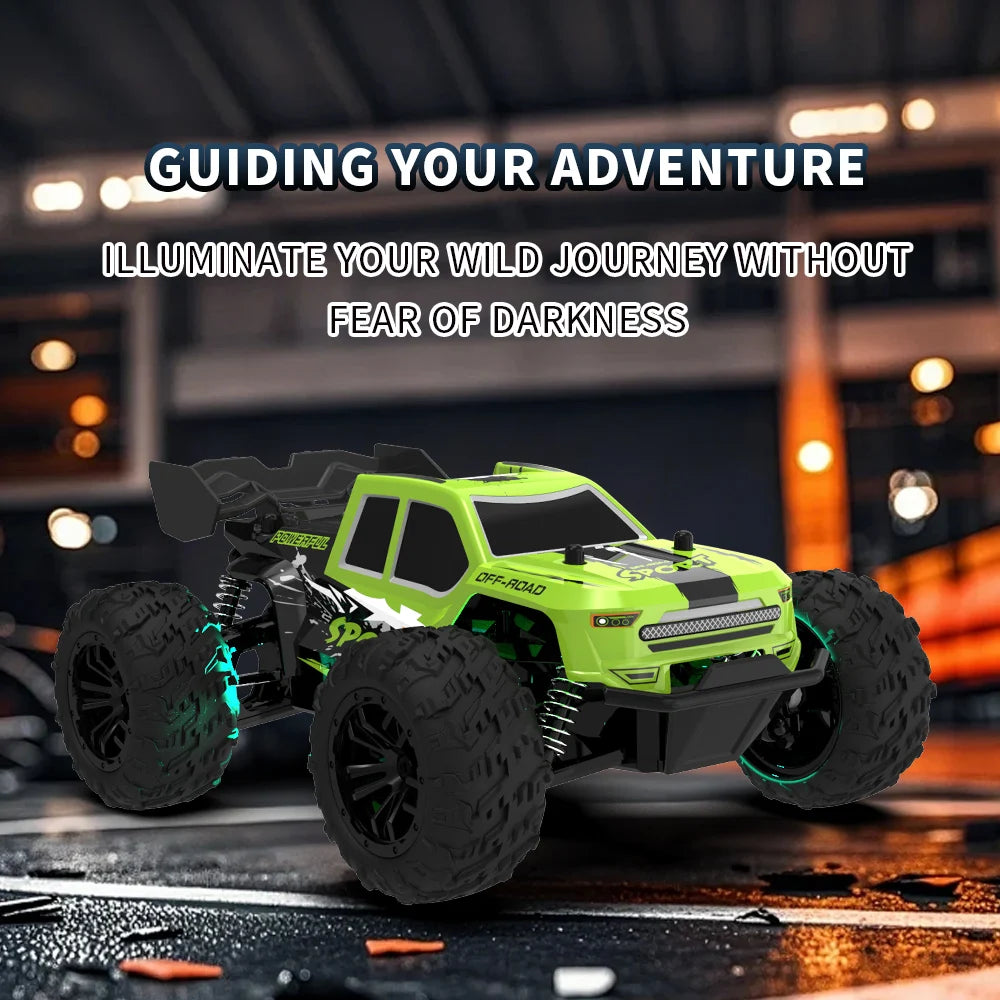 A bright lime green off-road RC car with LED lights is shown on a dark surface.