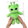 A bright green plush toy shaped like an alien cat with large eyes and pointed ears.