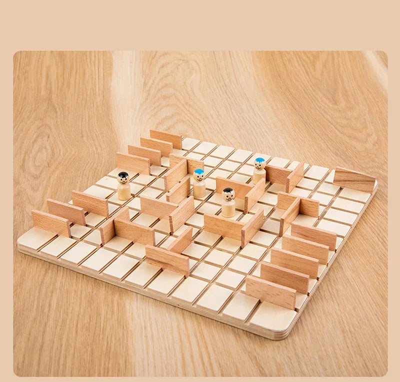 A wooden strategy chess game board with pieces set up on a light wood surface.
