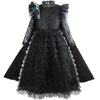Black lace princess ball gown costume dress for girls featuring ruffled skirt and purple accents
