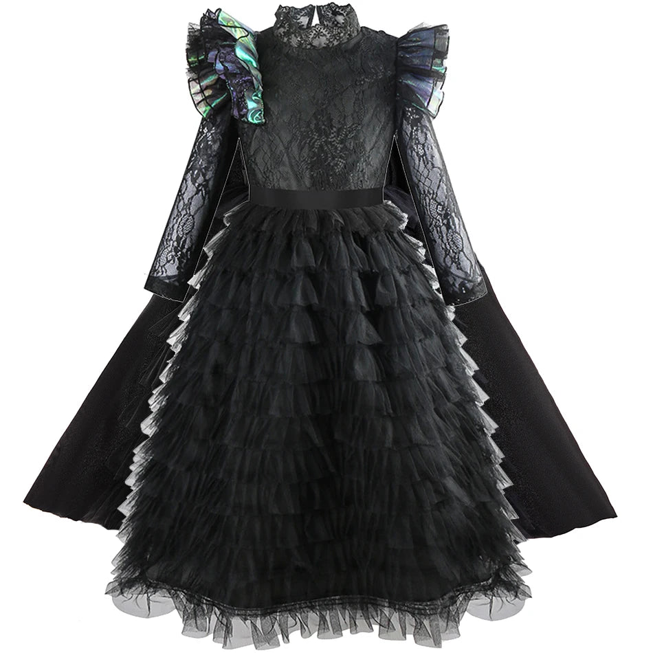 Black lace princess ball gown costume dress for girls featuring ruffled skirt and purple accents