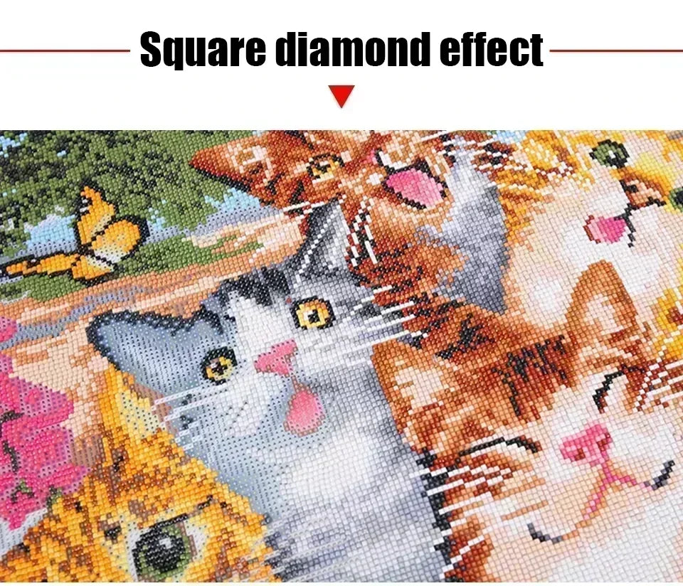 A close-up of a diamond painting featuring cats and flowers in warm orange, pink, and white tones.