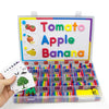 A magnetic alphabet spelling kit featuring fruit names like Tomato, Apple, Banana, and various letters.