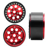 Two views of a red beadlock wheel with a black rim and removable hex hub for an RC crawler.