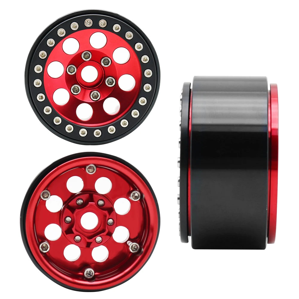 Two views of a red beadlock wheel with a black rim and removable hex hub for an RC crawler.
