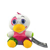 A plush toy of a white animatronic character with large blue eyes and pink accents.