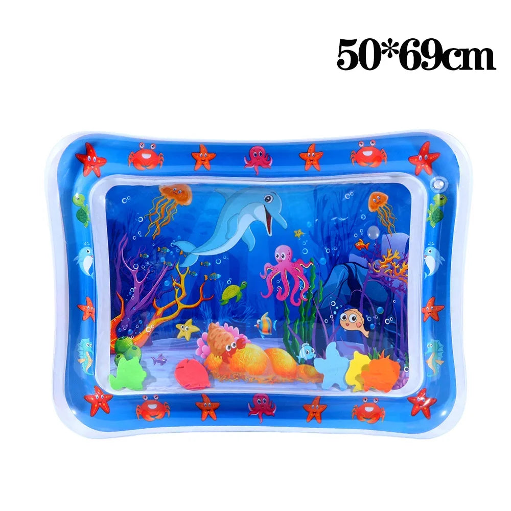 Blue inflatable sensory play mat featuring colorful underwater marine life for pets