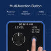 A hand presses a multi-function button on a black device with an LED display showing level and tuning modes.