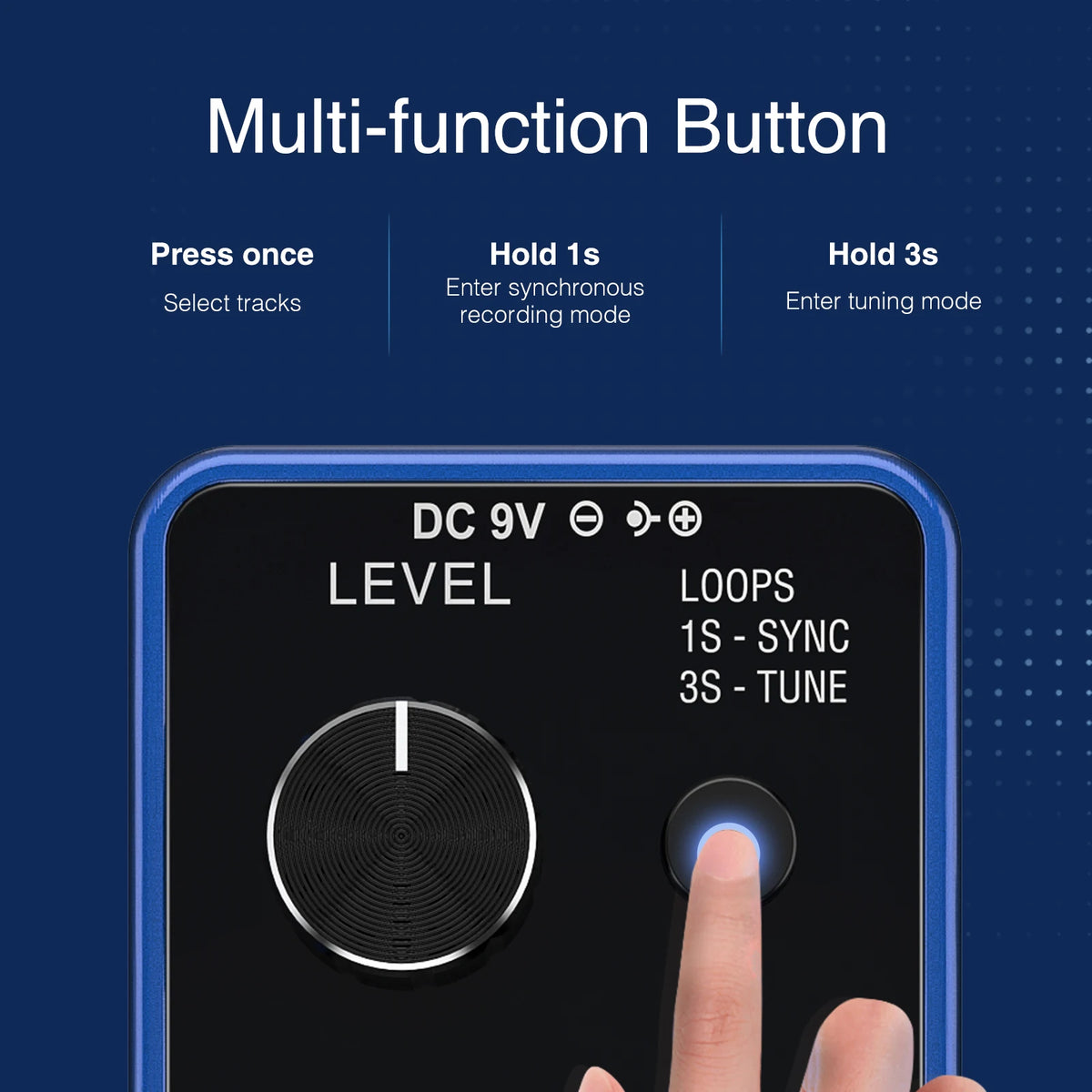 A hand presses a multi-function button on a black device with an LED display showing level and tuning modes.