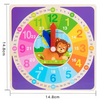A wooden clock face with numbers and shapes, featuring a penguin and an arrow pointer for early learning.