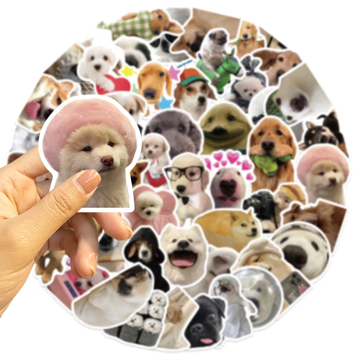 A circular arrangement of various cute cat and animal stickers for crafting and decorating