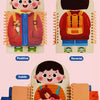 A wooden multi-layered busy board for toddlers showing positive and reverse faces, and an inside view with a bear.