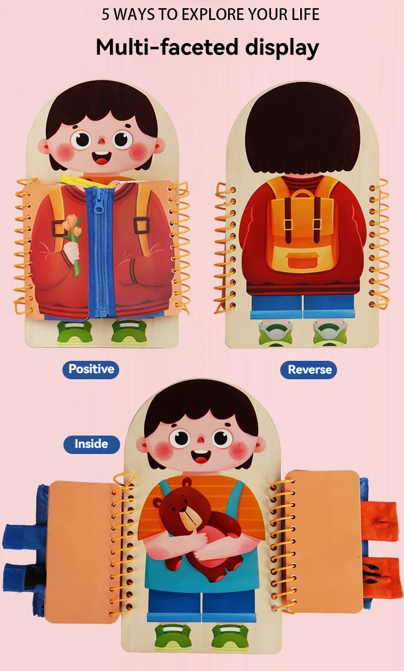 A wooden multi-layered busy board for toddlers showing positive and reverse faces, and an inside view with a bear.