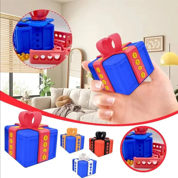 Various 3D printed puzzle boxes in blue, red, and orange with bows and screws shown from different angles.