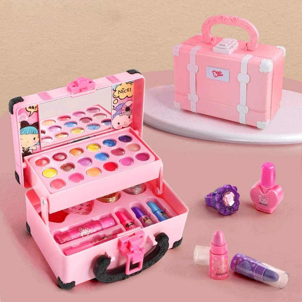 A pink princess pretend play makeup set with various colored cosmetics and a matching pink suitcase.
