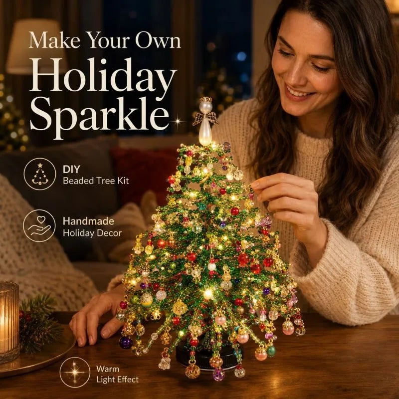 A woman is decorating a sparkling Christmas tree with beads and crystals for holiday decor.