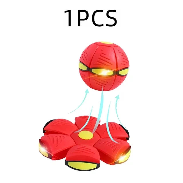 A bright red, spherical interactive flying UFO pet toy for dogs.