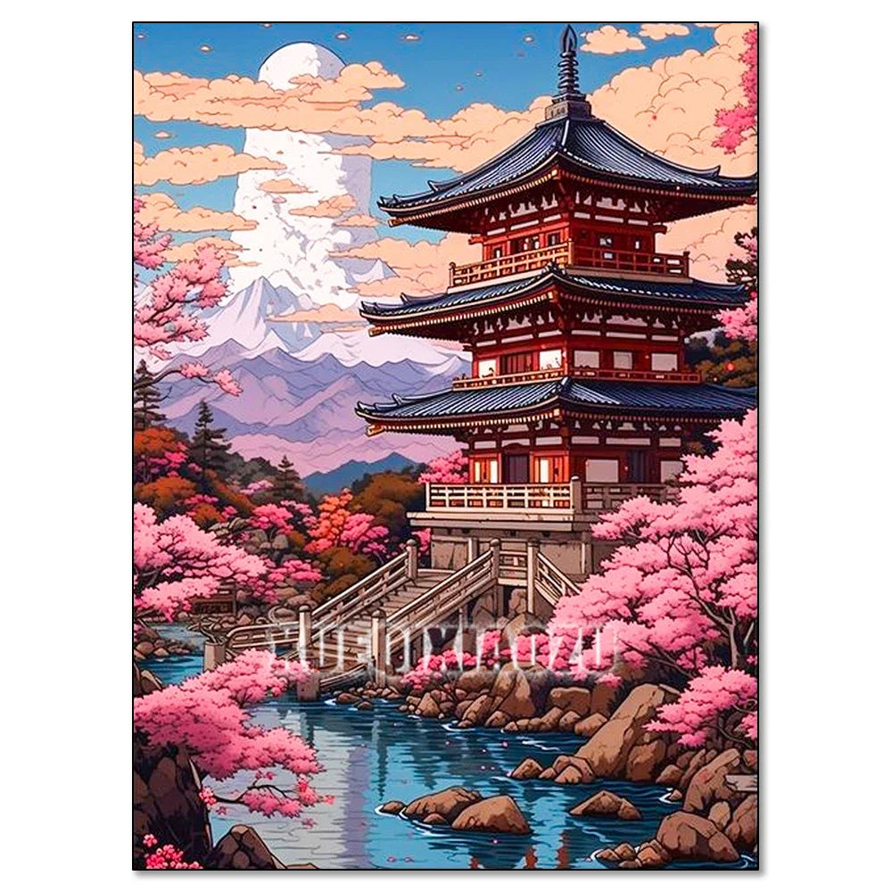 Cherry Blossom Tower Diamond Painting Kit – DIY 5D Wall Art for Adults