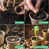 Hands shoveling soil into biodegradable peat pots for sowing seeds and growing seedlings.