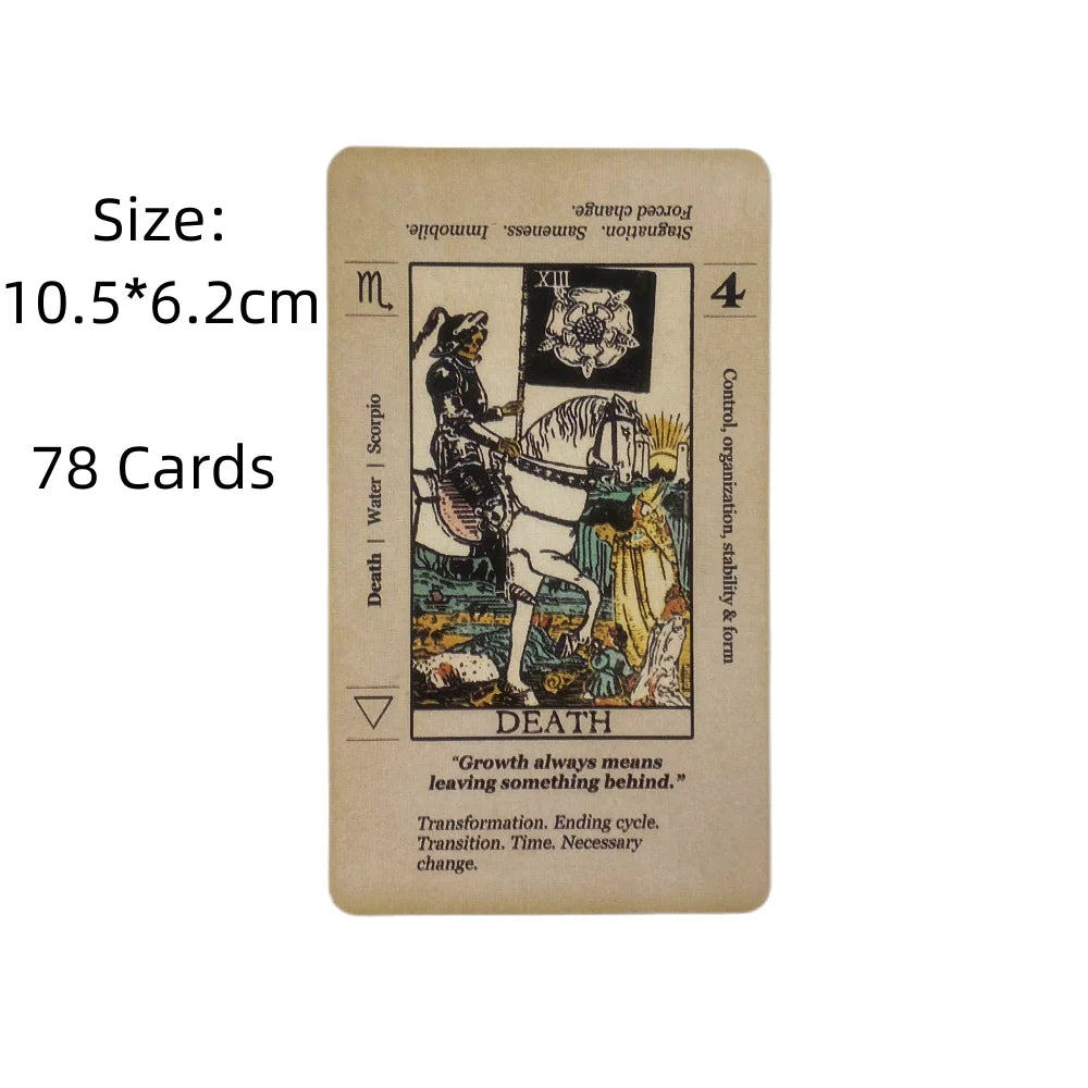 A rectangular deck of tarot cards with a dark background featuring the Death card illustration and associated meanings.
