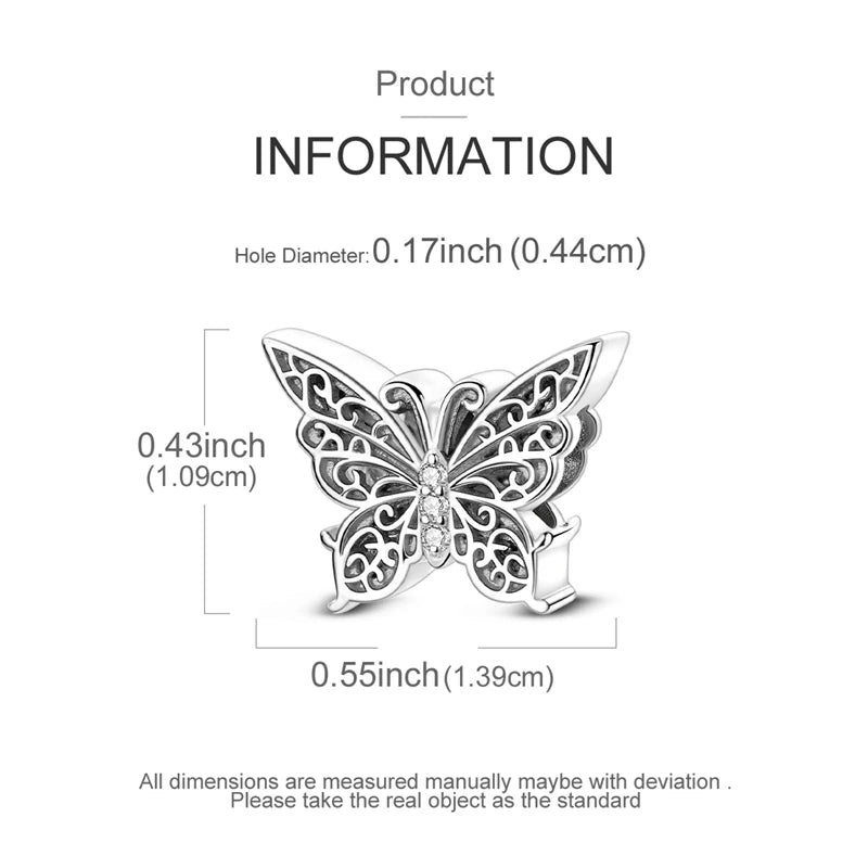 A detailed sterling silver butterfly charm bead with a hole diameter of 0.17 inches.