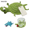 Handwoven crochet lizard coaster in green and blue colors