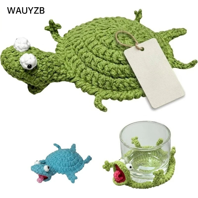 Handwoven crochet lizard coaster in green and blue colors