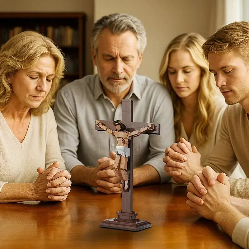 A family gathers around a wooden table looking at a religious ornament made of precision building blocks.