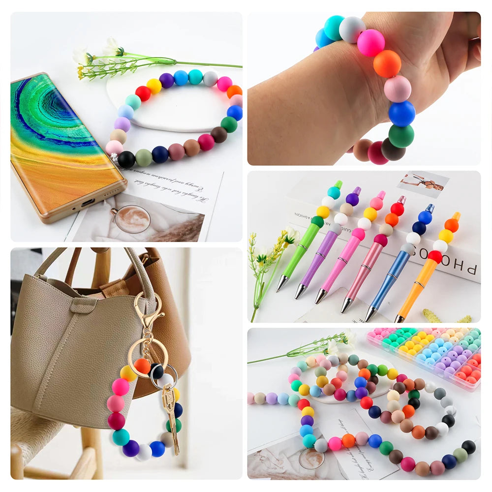 Assortment of colorful round silicone beads for jewelry making and DIY crafts displayed on a wooden surface.
