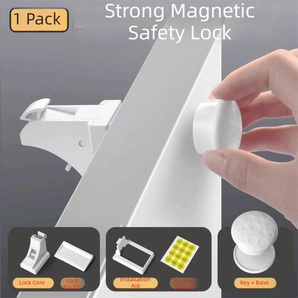 A hand is installing a strong magnetic safety lock onto a white cabinet or drawer, showing the lock core, buckle, installatio