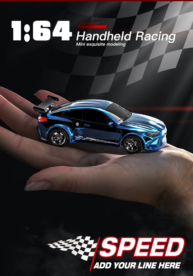 A blue 1:64 scale RC drift racing car is held in a hand against a dark, checkered background.