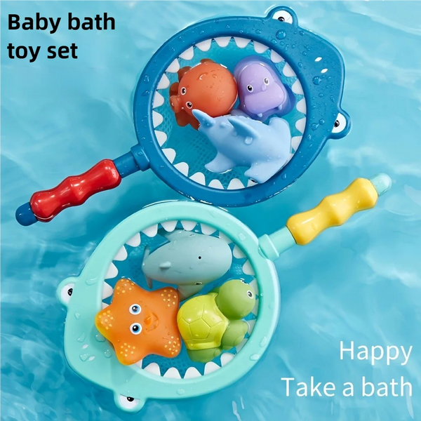 Turtle Water Play Bath Toy Set with Net and Squeeze Animals