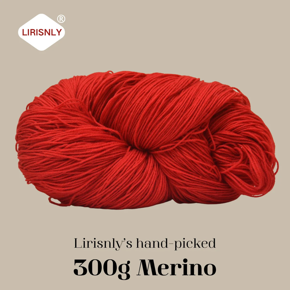 A ball of bright red Merino wool yarn labeled as Lirisnly's hand-picked 300g Merino.