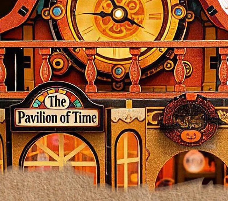 A close-up of a wooden dollhouse time pavilion miniature kit with furniture.