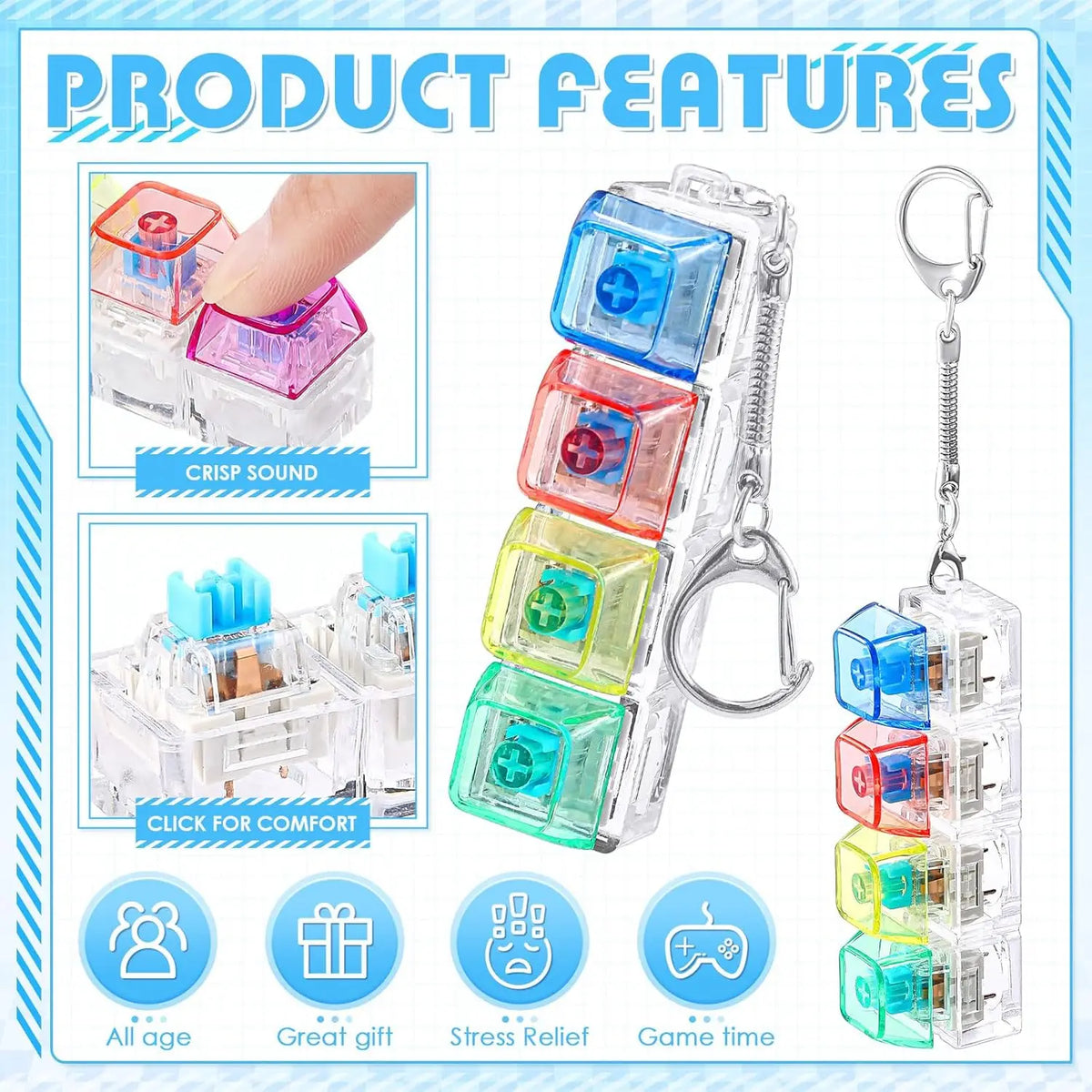 A clear plastic LED keyboard keycap fidget keychain with various colors and a metal ring, designed for stress relief.