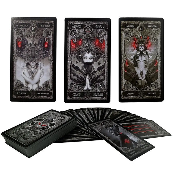 A set of thirteen dark tarot cards featuring mystical imagery and gothic design